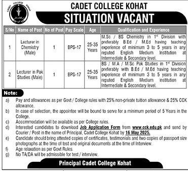 Cadet College Kohat Lecturer Jobs 2025