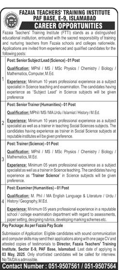 Fazia Teachers Training Institute FTTI Islamabad Jobs 2025