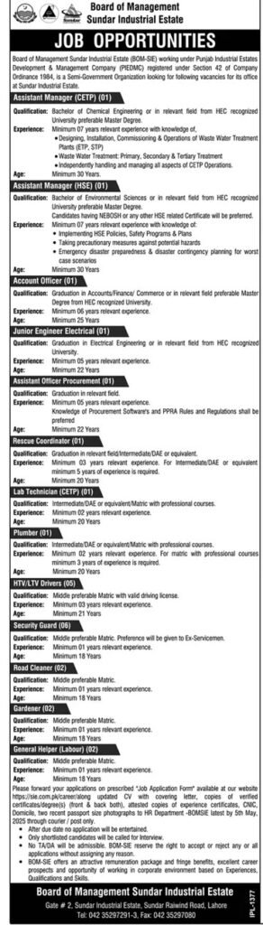 Punjab Industrial Estate Development & Management Company PIEDMC Jobs 2025