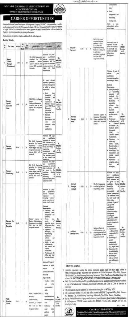 Faisalabad Industrial Estate Development & Management Company FIEDMC Govt of Punjab Jobs 2025