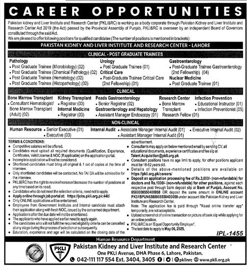 Pakistan Kidney and Liver Institute and Research Center PKLI&RC Jobs 2025